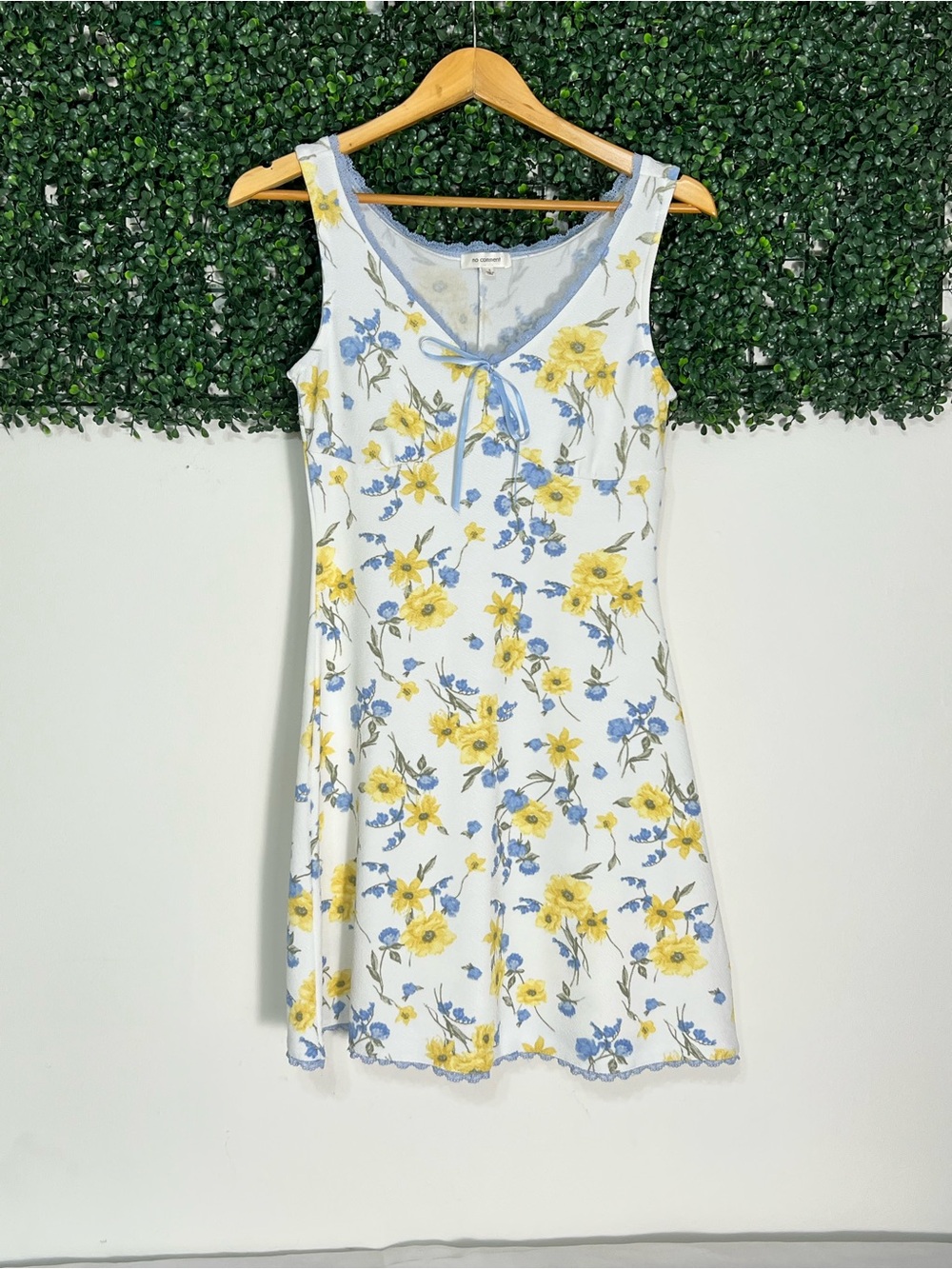 No Comment Floral Dress Women S White Yellow Blue Lace Trim Mini Y2K Cottagecore